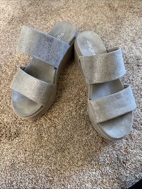 J/SLIDES Metallic Silver Double-Strap Wedge Mules